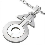 Transgender Female Inside Male Symbol -  Two Section Stainless Steel LGBT Pendant  w/ Chain Necklace Included!