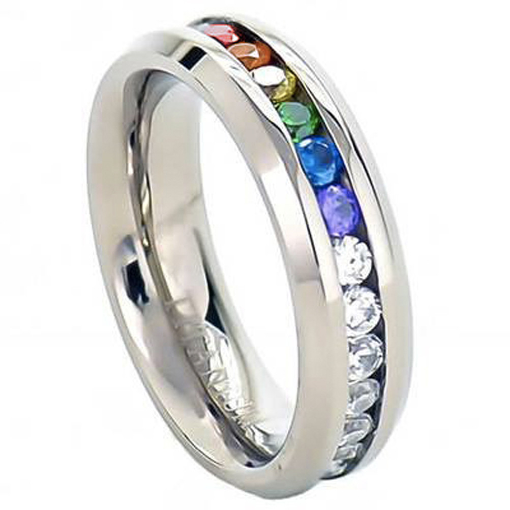 6mm Black Titanium Unisex Lesbian Gay Pride Wedding Band Rainbow CZ Ring 