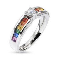 Rainbow Ring with CZ Middle Stone - Lesbian & Gay Engagement Wedding Ring