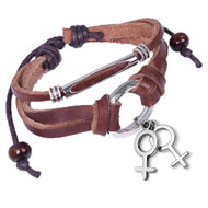 Leather & Copper Wristlet w/ Hanging Female Symbol Charms - Brown Lesbian Pride Bracelet