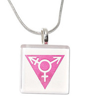 Transgender Square Glass Pendant with Chain (Pink Design). LGBT Transgender Pride Jewelry and Accessories. 