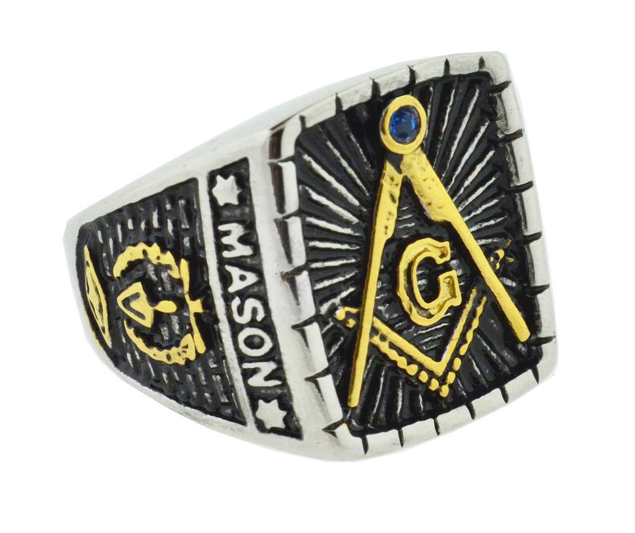 Freemason Stainless Steel and Gold Plated Signet Ring with center design and gold etched symbols. Masonic Rings for Masons