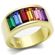 Gold Beauty Rainbow CZ Ring - Lesbian & Gay Pride Gold IP Plated Ring w/ CZ Stones