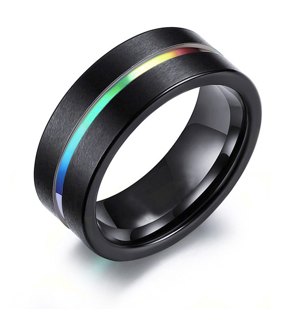 Rainbow Anodized Black Tungsten Carbide Steel Ring - Gay and Lesbian LGBT  Pride Wedding Engagement Rings - Pride Shack