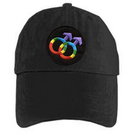 Black Baseball Cap with Rainbow Double Mars Gay Male Symbols  - LGBT Gay Men's Pride Hat. Gay Pride Clothing & Apparel