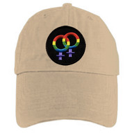 Tan Baseball Cap with Rainbow Double Venus Lesbian Female Symbols - LGBT Lesbian Pride Hat. Lesbian Pride Clothing & Apparel 