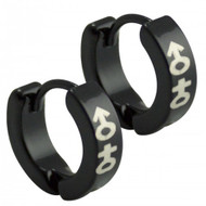 Male Female Symbol Hoop Huggie Earrings - Supporter LGBT Pride - (Black with White Symbols)