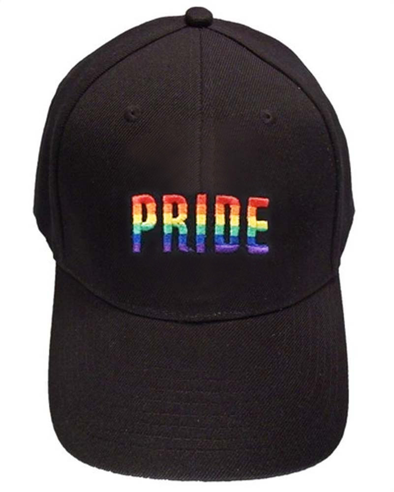 Black Baseball Cap with Pride Text Rainbow Flag Design. LGBTQ Pride Hat