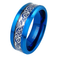Men's Tungsten Wedding Band (8mm). Blue Celtic Wedding Band. Blue and Silver Resin Inlay Celtic Knot Tungsten Carbide Ring Comfort Fit