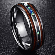 Unisex or Men's Tungsten Wedding Bands (8mm). Silver Tone Multi Color Wood and Rainbow Abalone Shell Inlay Ring (Organic colors)