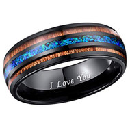 8mm - Unisex or Men's Tungsten Wedding Bands. Black Tone Multi Color Wood and Sea Blue Opal Inlay Ring with I LOVE YOU engraved. (Organic colors)