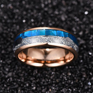 Women's or Men's Tungsten Wedding Band (8mm). Rose Gold Band with Cupid's Arrow with Inspired Meteorite and Blue Shell Inlay. Tungsten Carbide Domed Top Ring.
