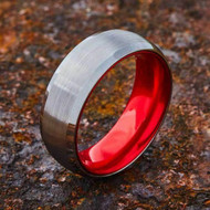 Men's Tungsten Wedding Band (8mm). Top Silver Matte Finish with Duo Inner Red Tone. Tungsten Carbide Ring with Beveled Edge