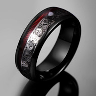 Men's Tungsten Wedding Band (8mm). Unique Silver Spirals Ring with Red Wire Inlay. Comfort Fit.