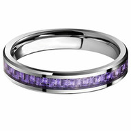 Women's Tungsten Carbide Wedding Band (4mm). Purple Carbon Fiber Inlay Wedding Bands Ring Comfort Fit