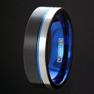 Men's Tungsten Wedding Band (8mm). Triple Tone Black, Blue and Gray Tone Striped Pattern. Tungsten Ring Comfort Fit