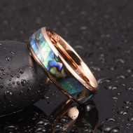 Gay Pride Rainbow Ring - Rose Gold Women's or Men's Domed Tungsten Wedding Band (6mm) with Rainbow Abalone Shell Inlay Ring (Organic colors)