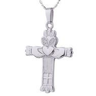 Claddagh Cross - Irish Celtic Pendant w/ Chain Necklace (Heart & Crown) - Stainless Steel Commitment Jewelry
