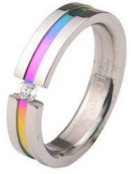 Rainbow Anodized Tension CZ Stone Ring - LGBT Gay and Lesbian Pride