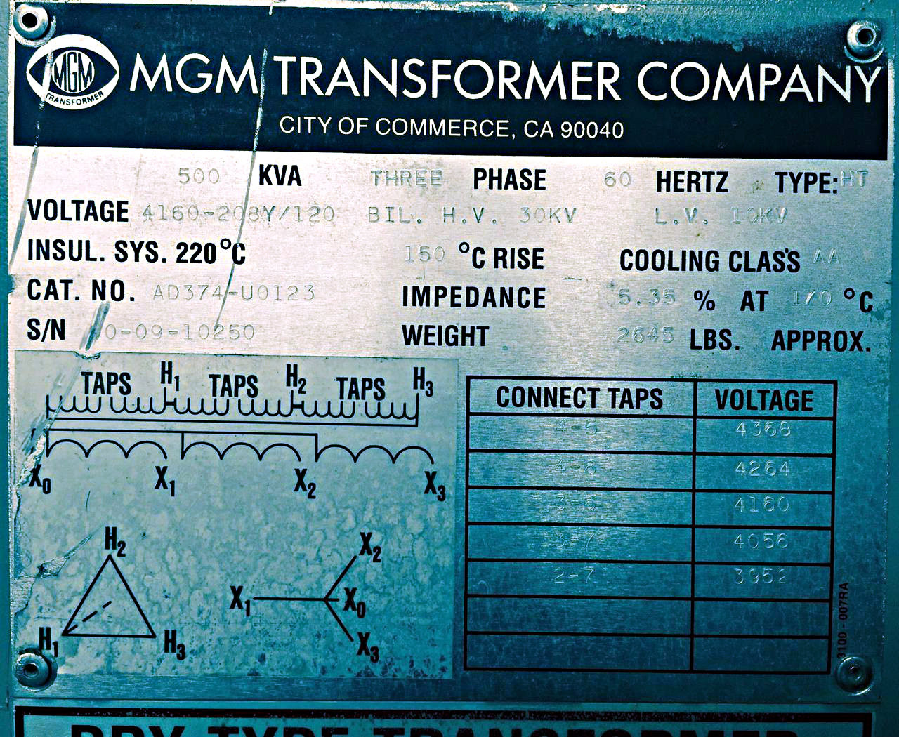 MGM AD374-U0123 500 KVA 4160 208Y120 Transformer Dry Type Nema 1