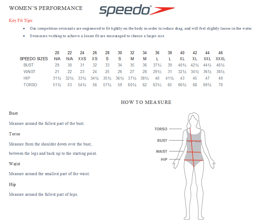 Speedo Ladies Size Chart
