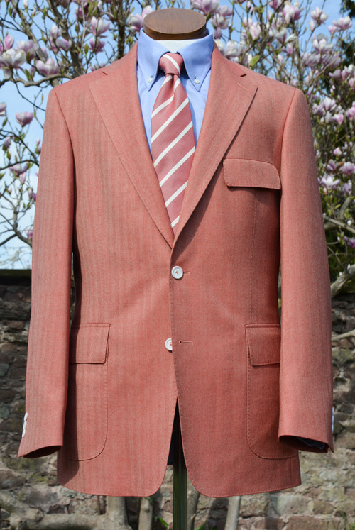 Coral Herringbone Wool Silk Linen Classic Jacket
