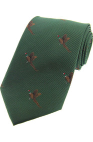Woven Silk Flying Pheasants Tie -  Green