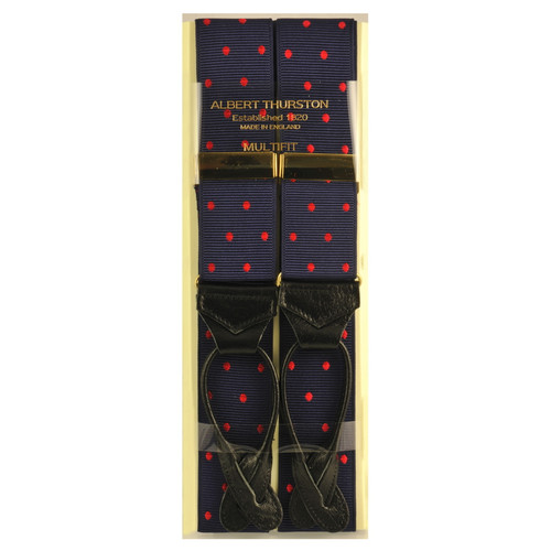 Albert Thurston Luxury Braces with Leather Ends - Navy/Red Polka Dot