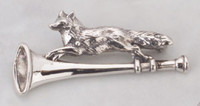 Sterling Silver Running Fox on Hunting Horn Pin Brooch.