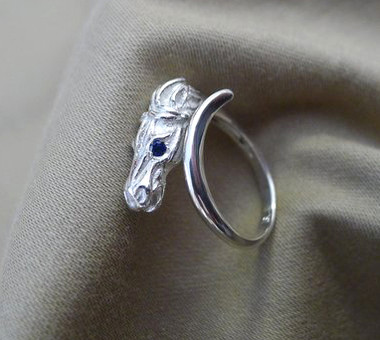 Sterling Silver Horse Head Ring with Sapphire Eyes