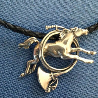 Sterling Silver Horse in Hunt Horn Pin Pendant on Leather Necklace