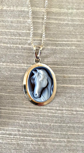 Blue Agate Horse Head Cameo Pendant - Show Stable Artisans