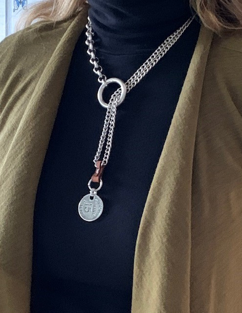 Silver and Leather Coin Drop Necklace 
