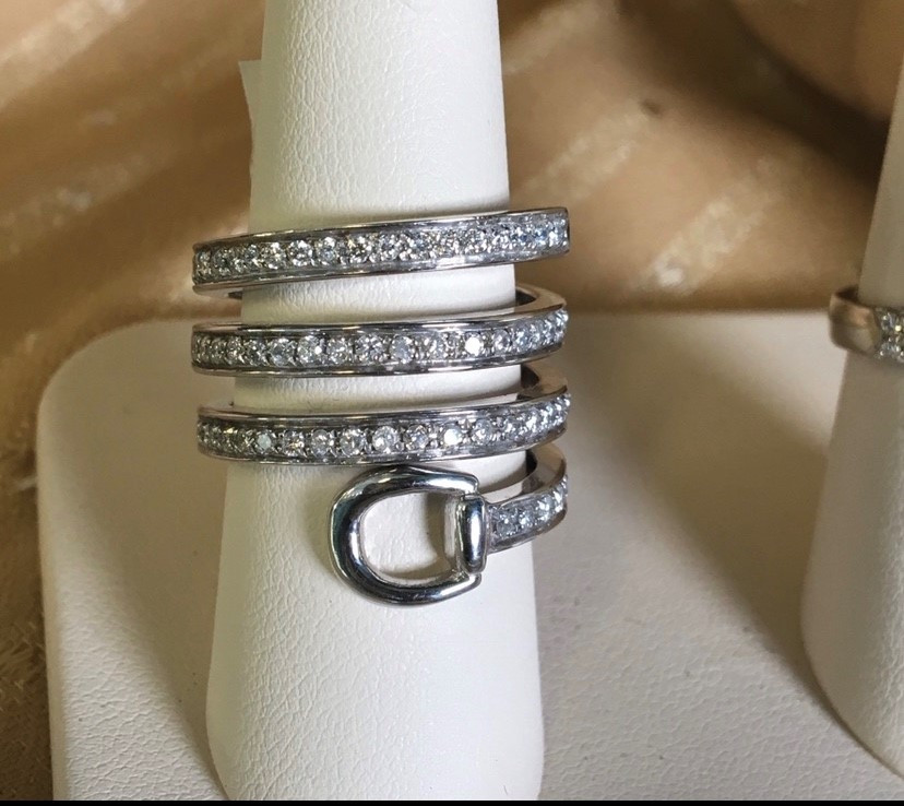 14k White Gold and Diamonds Spiral Snaffle Bit Ring - Show Stable Artisans