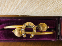 Edwardian c.1900 Gold-Filled Horseshoe Bangle Bracelet with Pearls in Original Box
