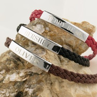 Sterling silver and black leather woven "HERSHEY" nameplate bracelet.