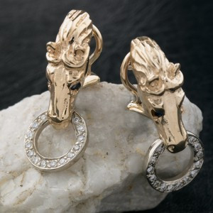 14k Yellow Gold Horse Head Earrings with Diamond Ring