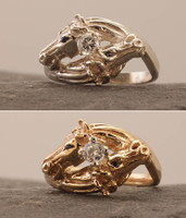 14k Yellow or White Gold "Twist" Horse Heads Ring with Diamond