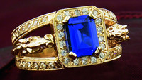 14k Yellow Gold, Sapphire and Diamond Horse Heads Ring