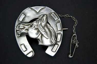 Antique Sterling Silver Dimensional Horse in Horseshoe Pin