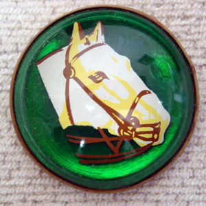 Original White Bridled Horse Head on Green Bridle Rosette Pin