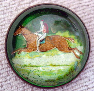 Rider on Galloping Chestnut Horse in Landscape Bridle Rosette Pin