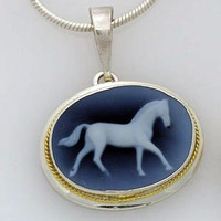 Sterling Silver Blue Cameo Horse Pendant Necklace