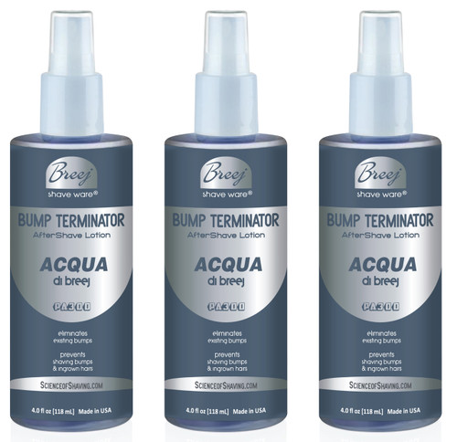 BUMP TERMINATOR ACQUA DI BREEJ PA300 Anti Bump Aftershave Is formulated with A Subtle Aromatic, Mediterranean Type Fragrance. Top Note Produces A Sense Of Well-Being And Leisure followed by A Tender Floral, Spicy Middle Note in an anti bump formula based on very effective natural healing oils and extracts plus glycolic acid, salicylic acid and alpha bisabolol. This advanced formulation Soothes and Conditions Shaved Skin leaving the Skin Bump free and fragranced. Recommended For Day time and Subdued Night time Wear.