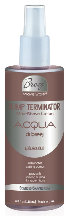 BUMP TERMINATOR Fragranced Anti Bump Aftershave Lotion ACQUA DI BREEJ AR500 Is formulated with A Refined, Spicy, Lavender, Amber Fragrance. This Bold Masculine Scent is a Blend of Bitter Lemon, Sweet Orange, High Altitude Lavender, Sage, Cedar And Tobacco in an anti bump formula based on very effective natural healing oils and extracts plus glycolic acid, salicylic acid and alpha bisabolol. This advanced formulation Soothes and Conditions Shaved Skin leaving the Skin Bump free and fragranced. Recommended For Bold Day time and Night time Wear.