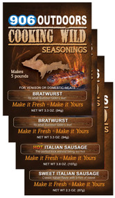4 Pack includes: 2 pouches Bratwurst Seasoning, 1 pouch Sweet Italian Seasoning, 1 pouch Hot Italian Seasoning.  