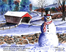 Snowman Covered Bridge Greeting Card