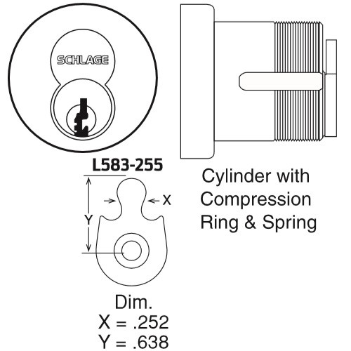Schlage Cylinders Mortise Small Format Interchangeable Core SFIC L-Series (except L9060 outside) Cylinder With Compression Ring & Spring: L & N Escutcheons, Cam L583-255 Construction Core Keyed - 80-138
