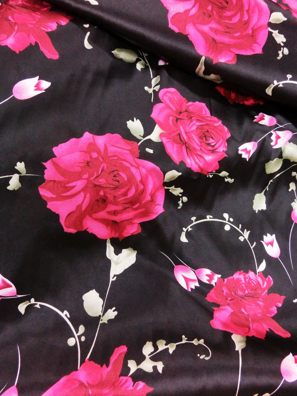 Floral Red Roses Print Faux Silk Satin