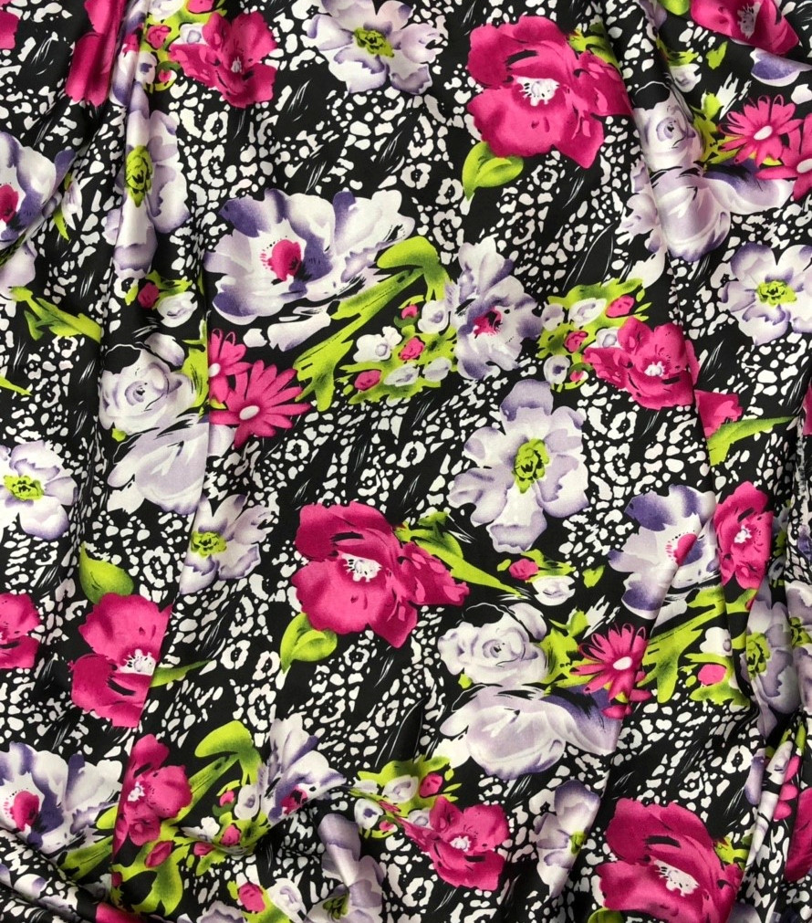 Poly Jersey Fabric Navy with Pink and Coral Roses 150cm